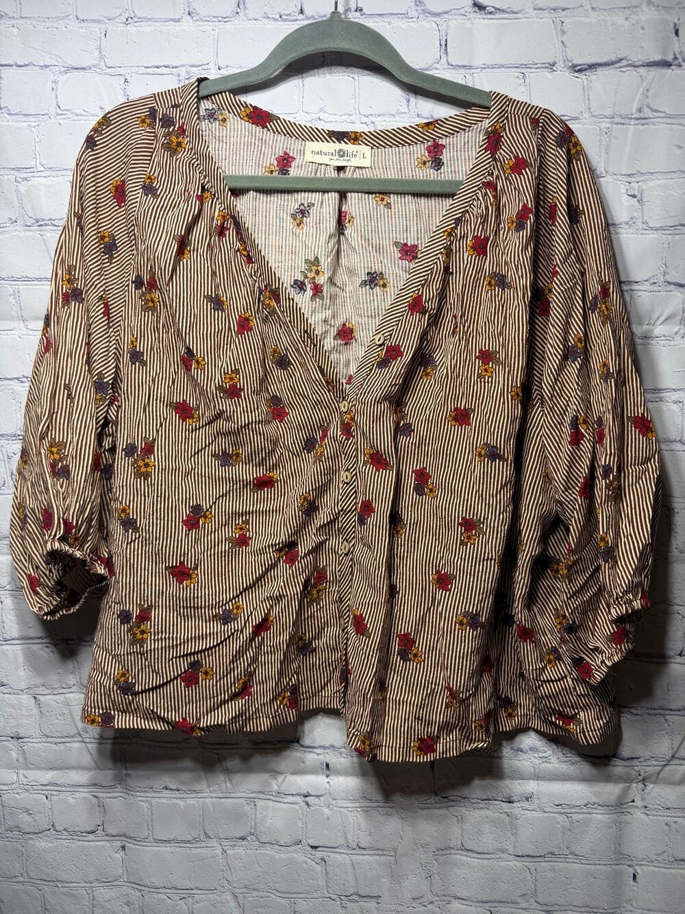 Natural Life V-Neck Button Front Top Striped Floral Sz L NWOT Cottagecore